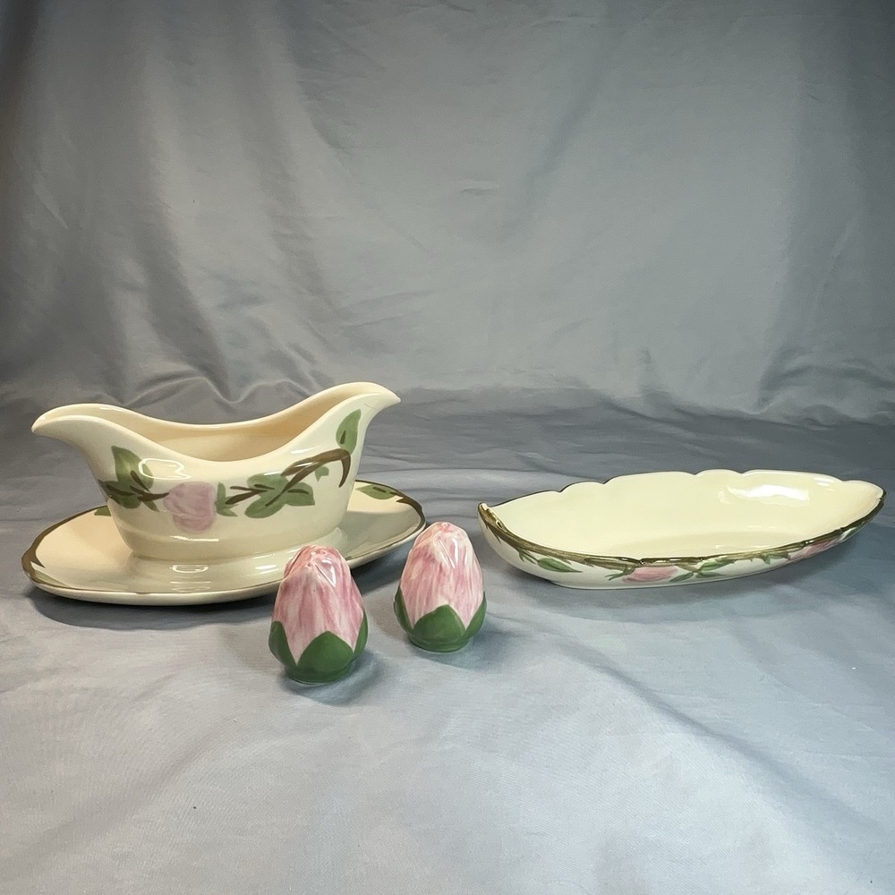 Franciscan Desert Rose Gravy Boat, Set of Salt & Pepper Shakers, Relish Tray